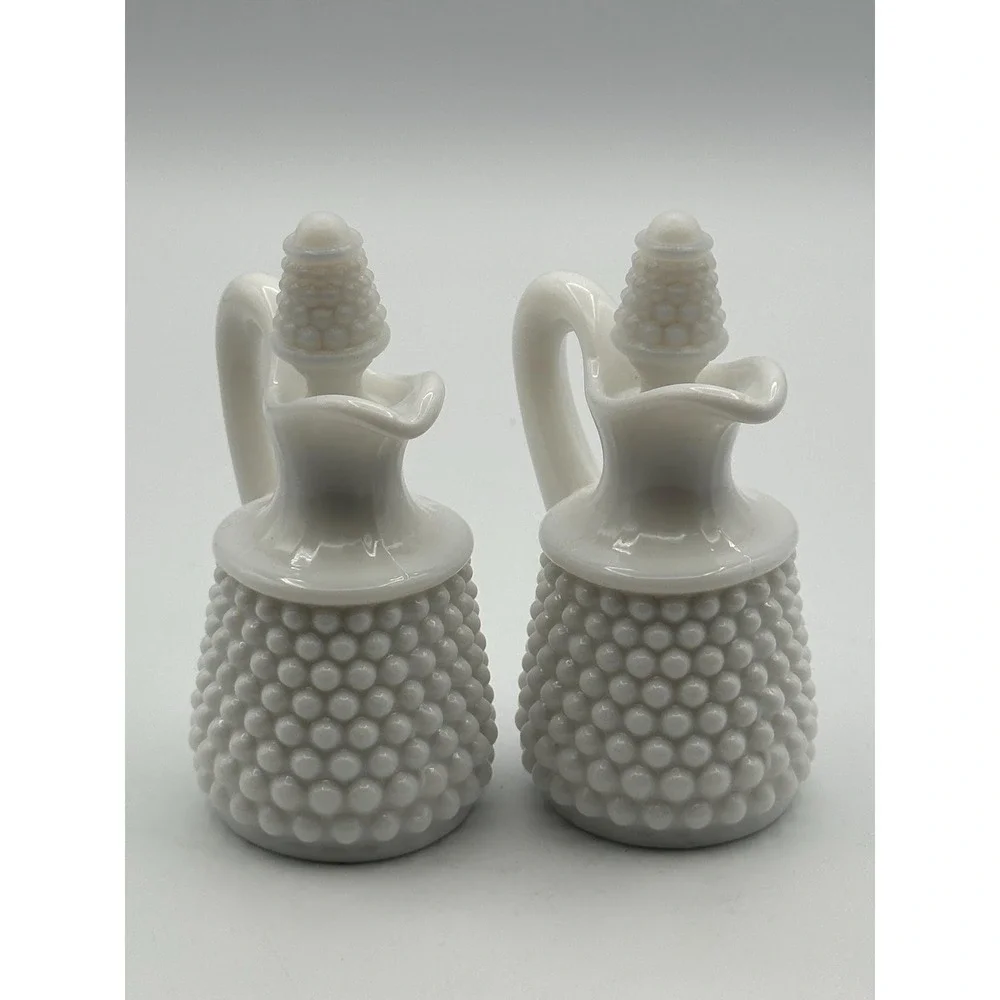 Vintage Fenton Milk Glass Hobnail Cruet Set-Oil Vinegar Bottles with Stoppers